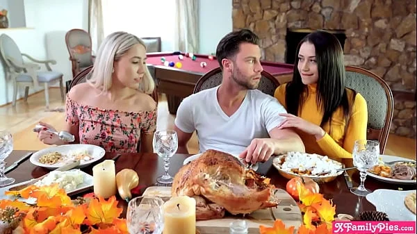 Stepsister teens both want his cock for Thanksgiving